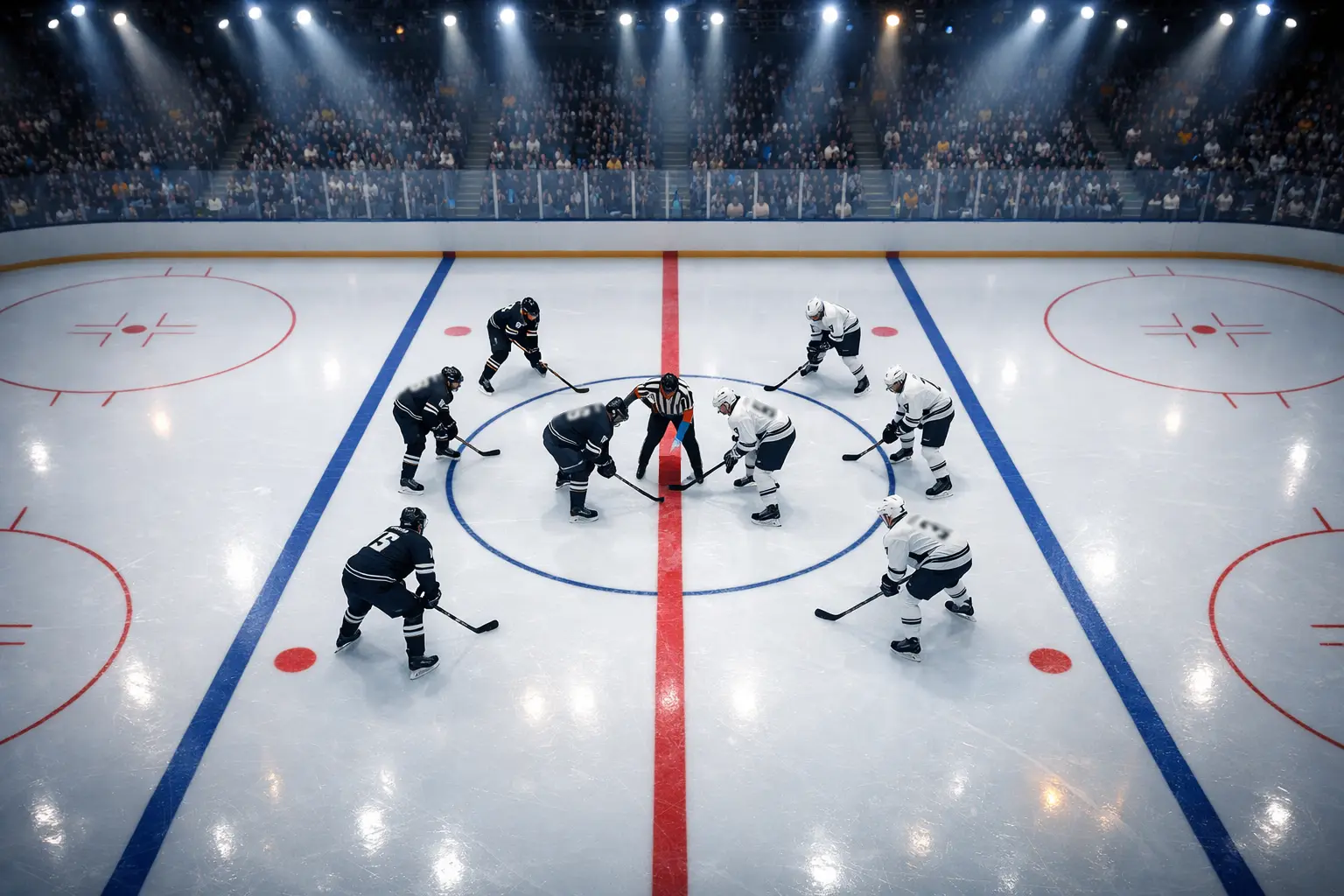 Professional ice hockey arena with dramatic lighting during an NHL game