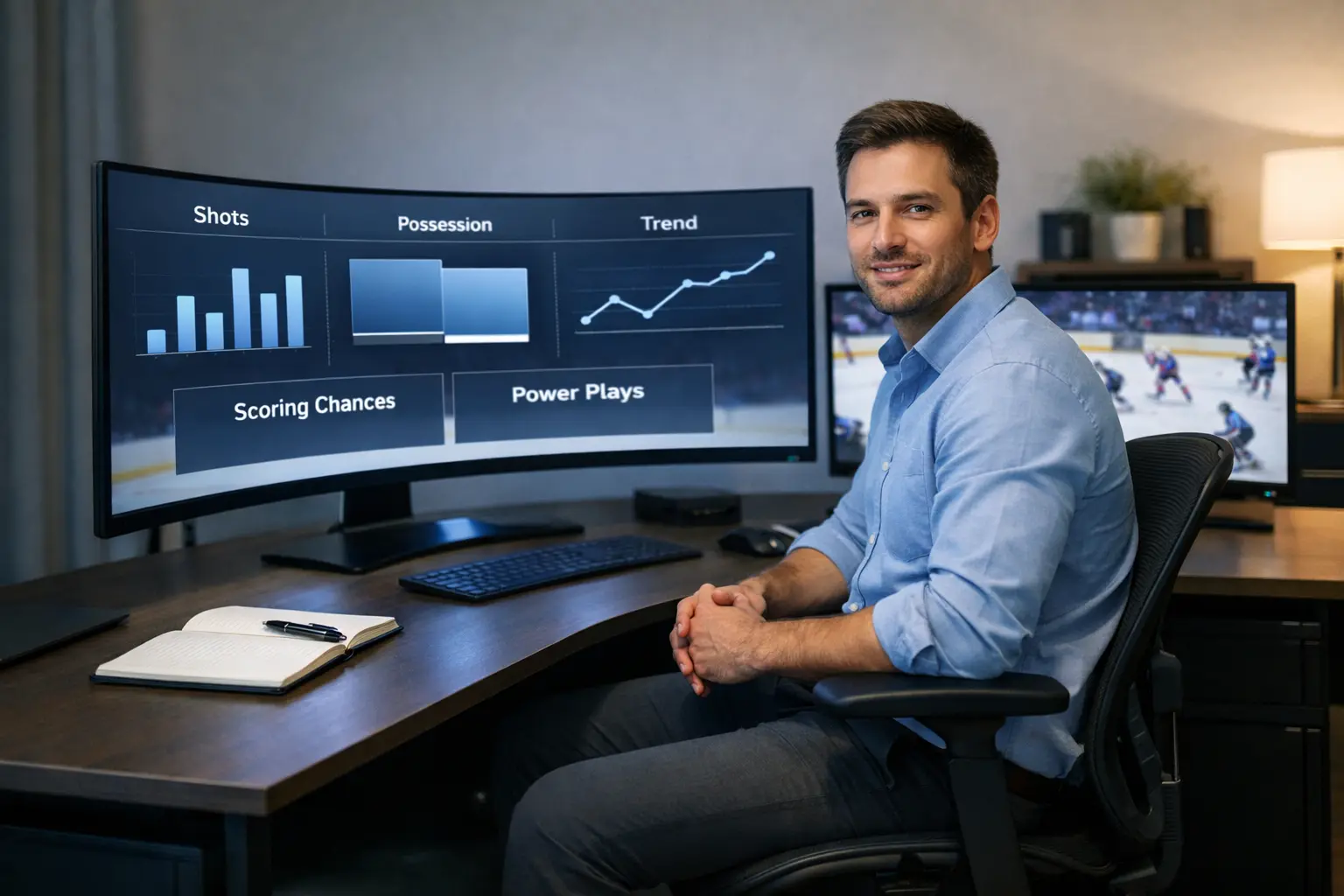 Sports analyst reviewing hockey game statistics on screen