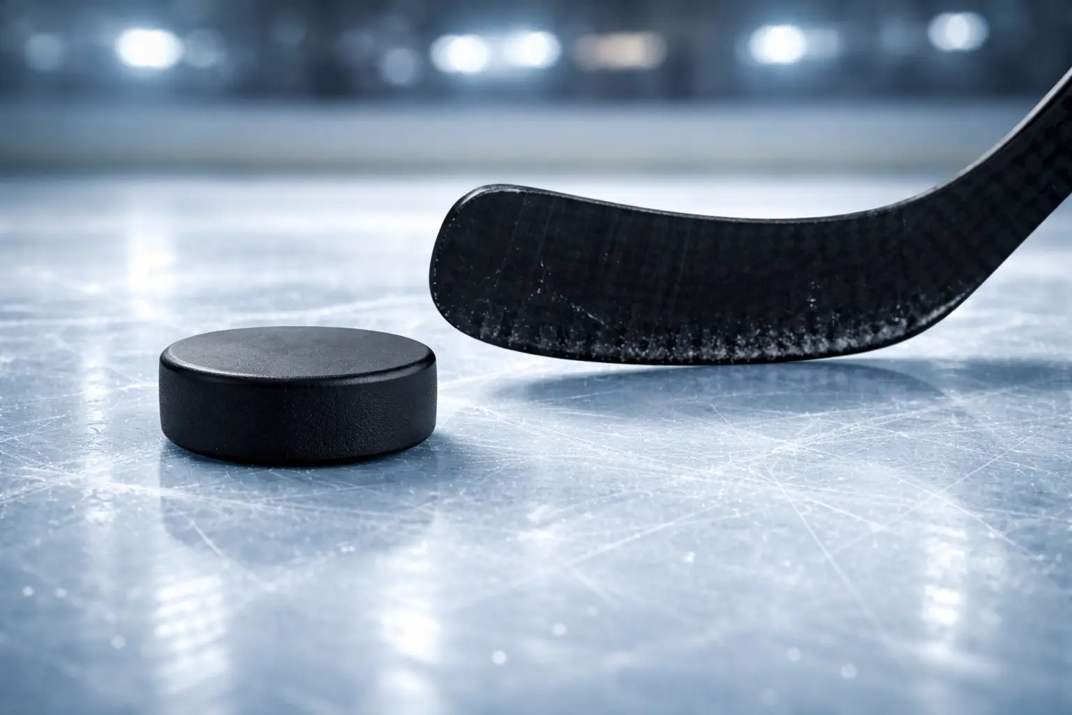Ice hockey puck and stick on rink ice surface close-up