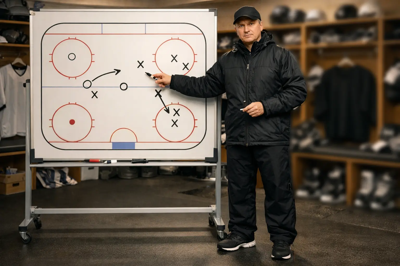 Hockey coach analyzing team performance data on tactical board