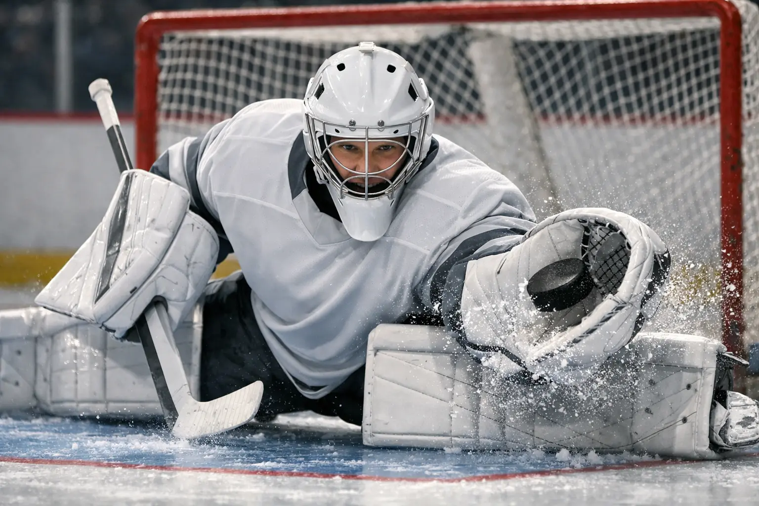 NHL goaltender making a save during a hockey game