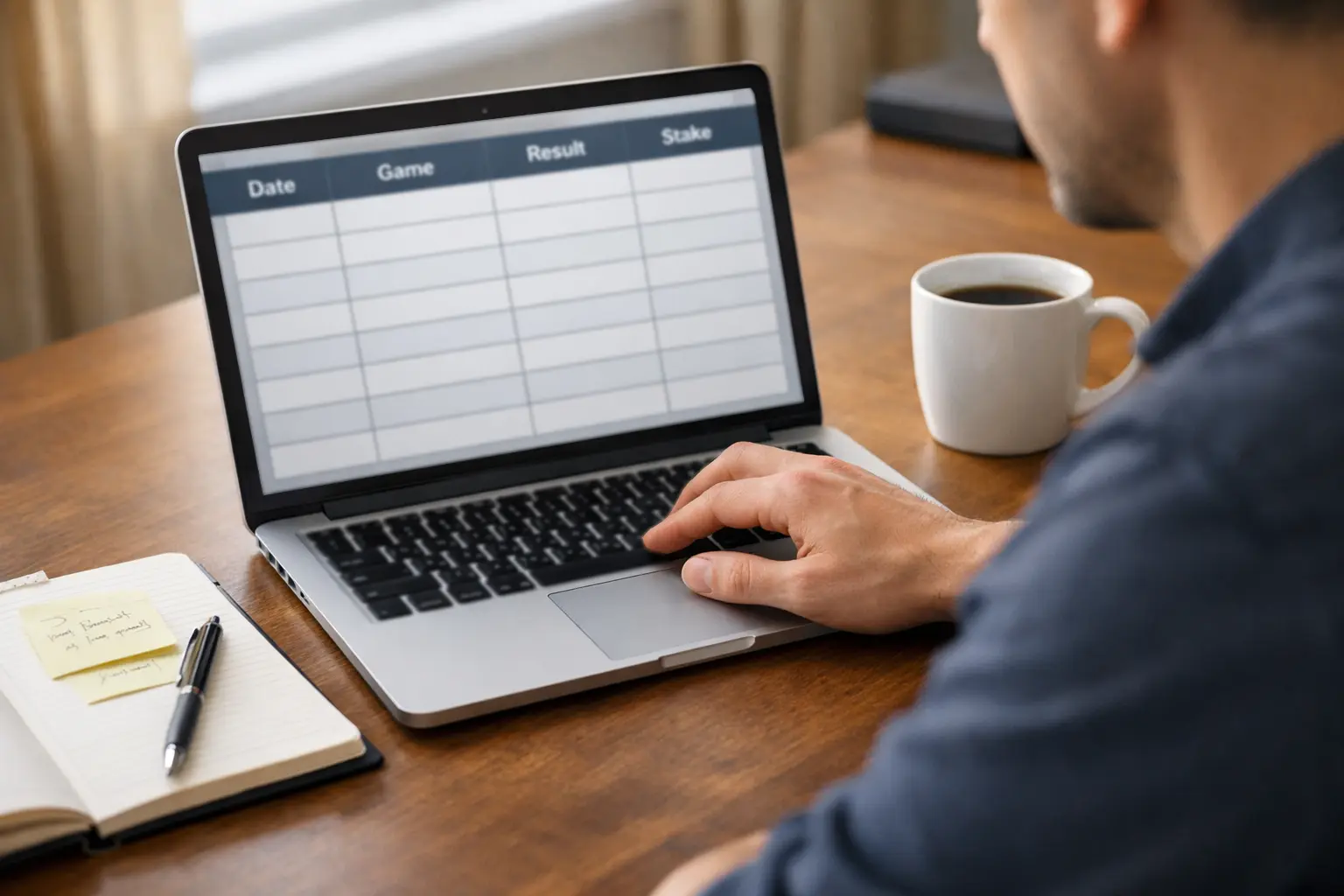 Bettor analyzing hockey game data on laptop with notebook