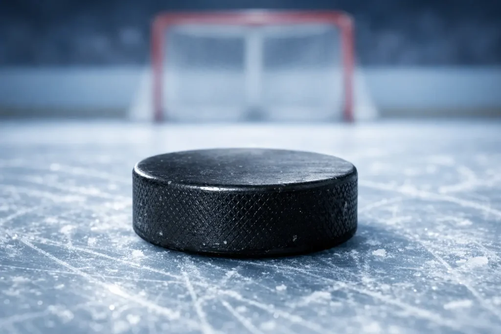Hockey puck on ice rink with goal net in background