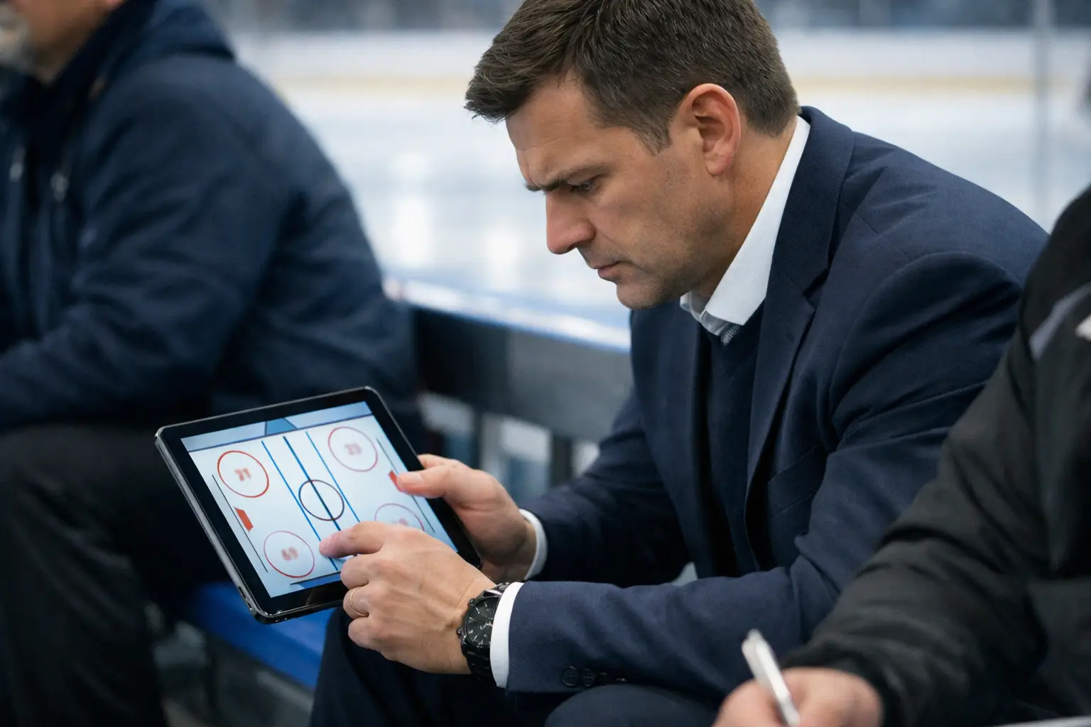 Hockey coach reviewing game strategy on tablet device