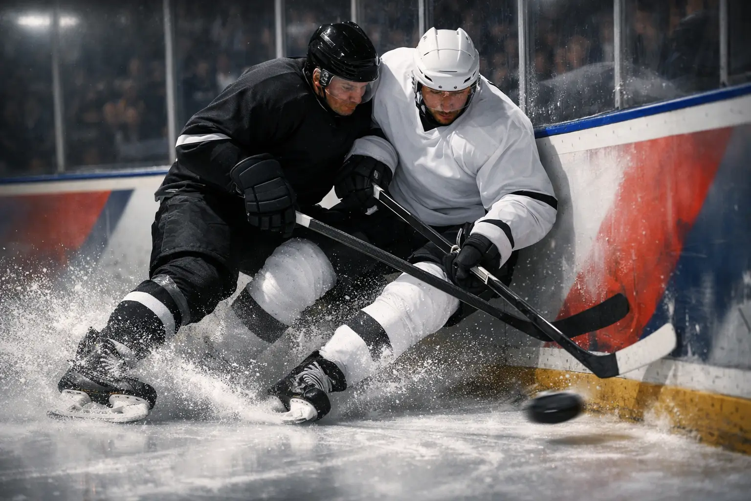 Hockey players battling for the puck near the boards