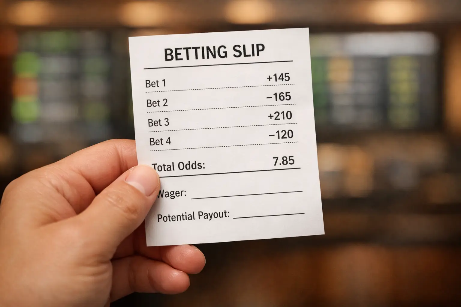 Person reviewing sports betting slip with odds displayed