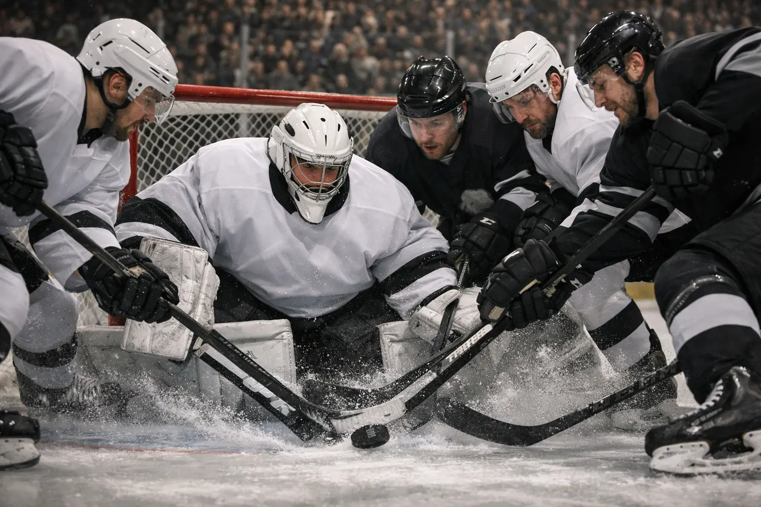 NHL playoff hockey game with intense player action