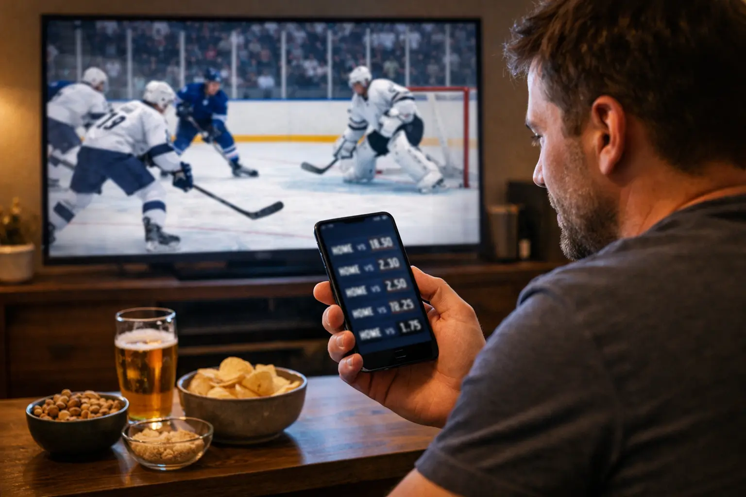 Hockey fan watching NHL game while checking betting app