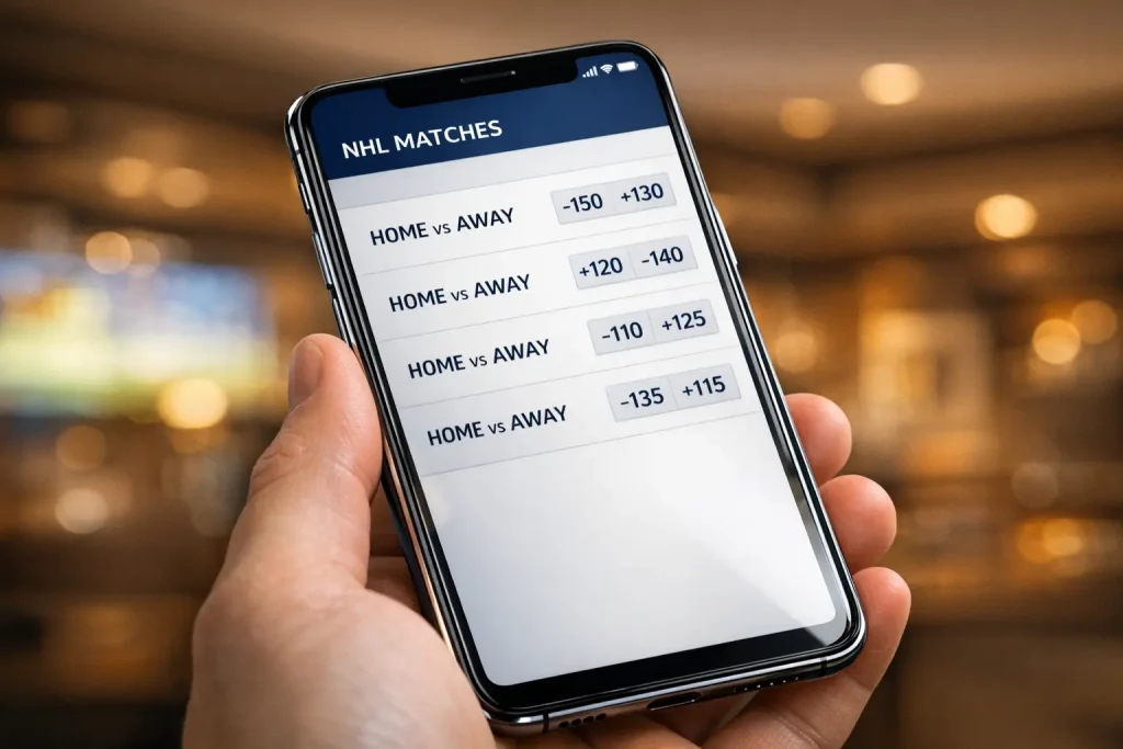 Sports betting mobile app showing NHL hockey markets