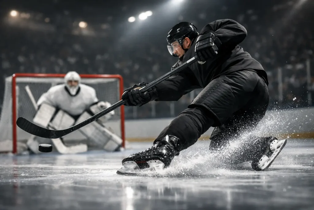NHL player shooting the puck on goal during professional game
