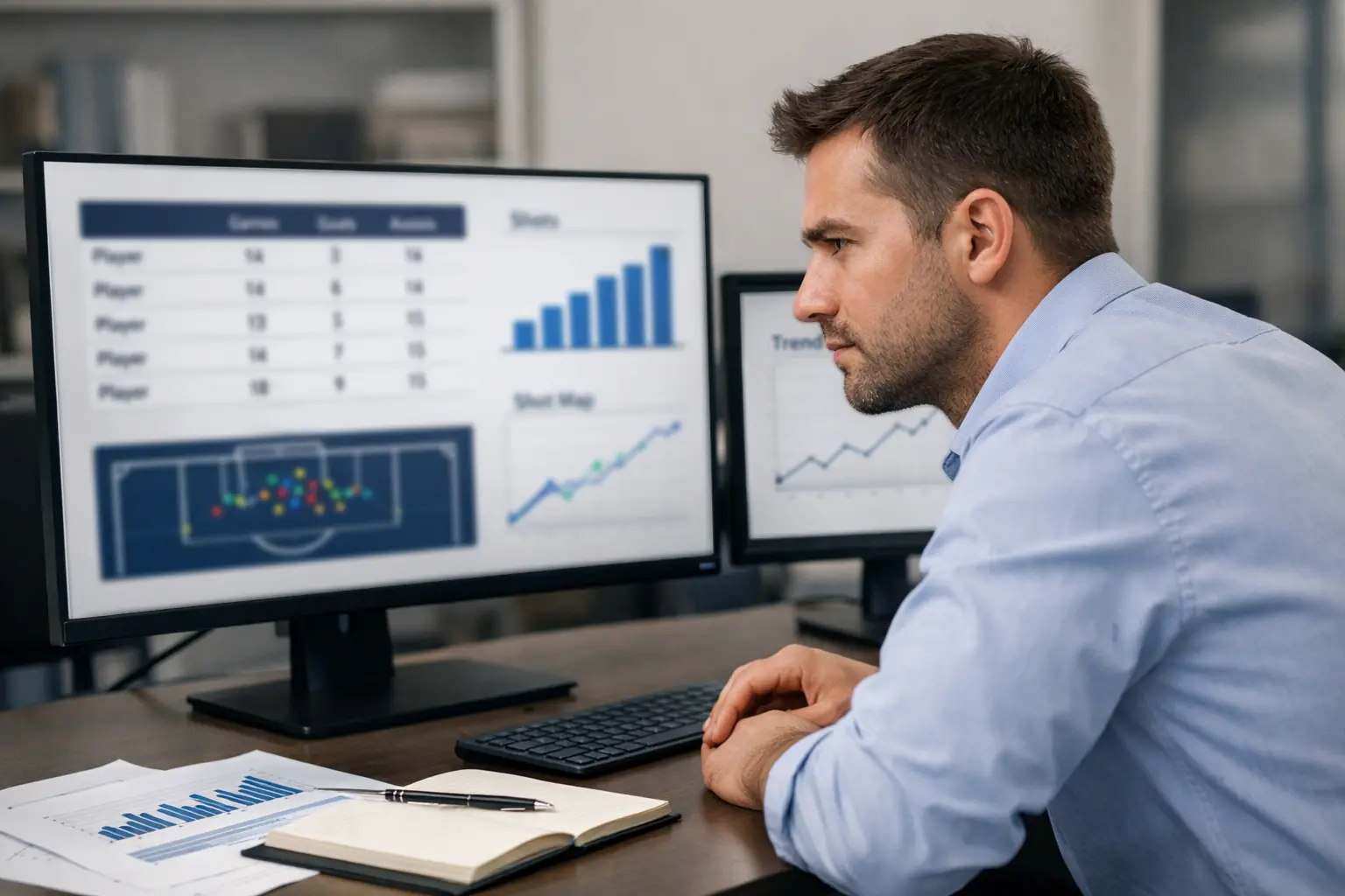 Hockey analyst studying player performance data on screen