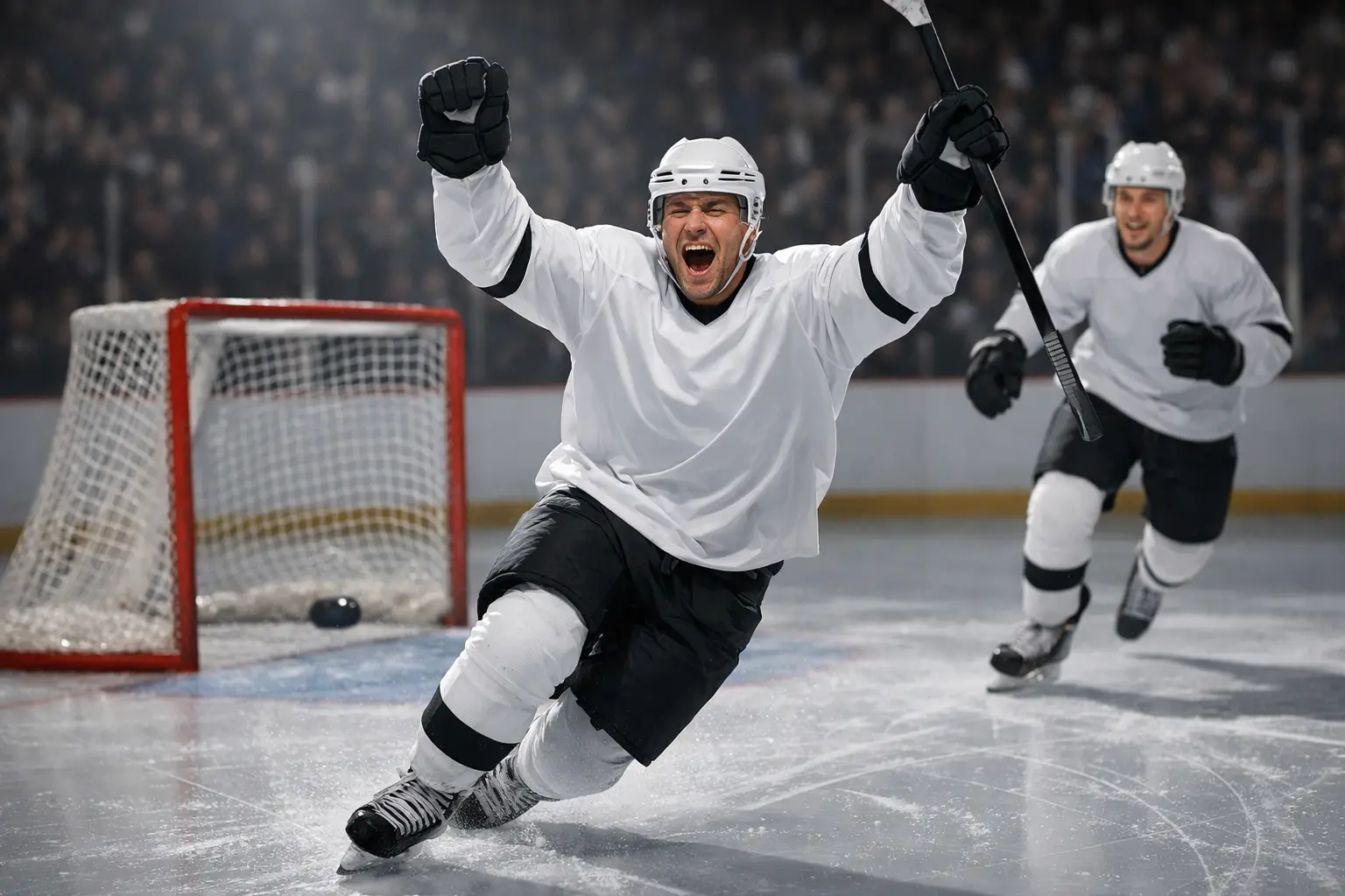Hockey forward celebrating after scoring a goal