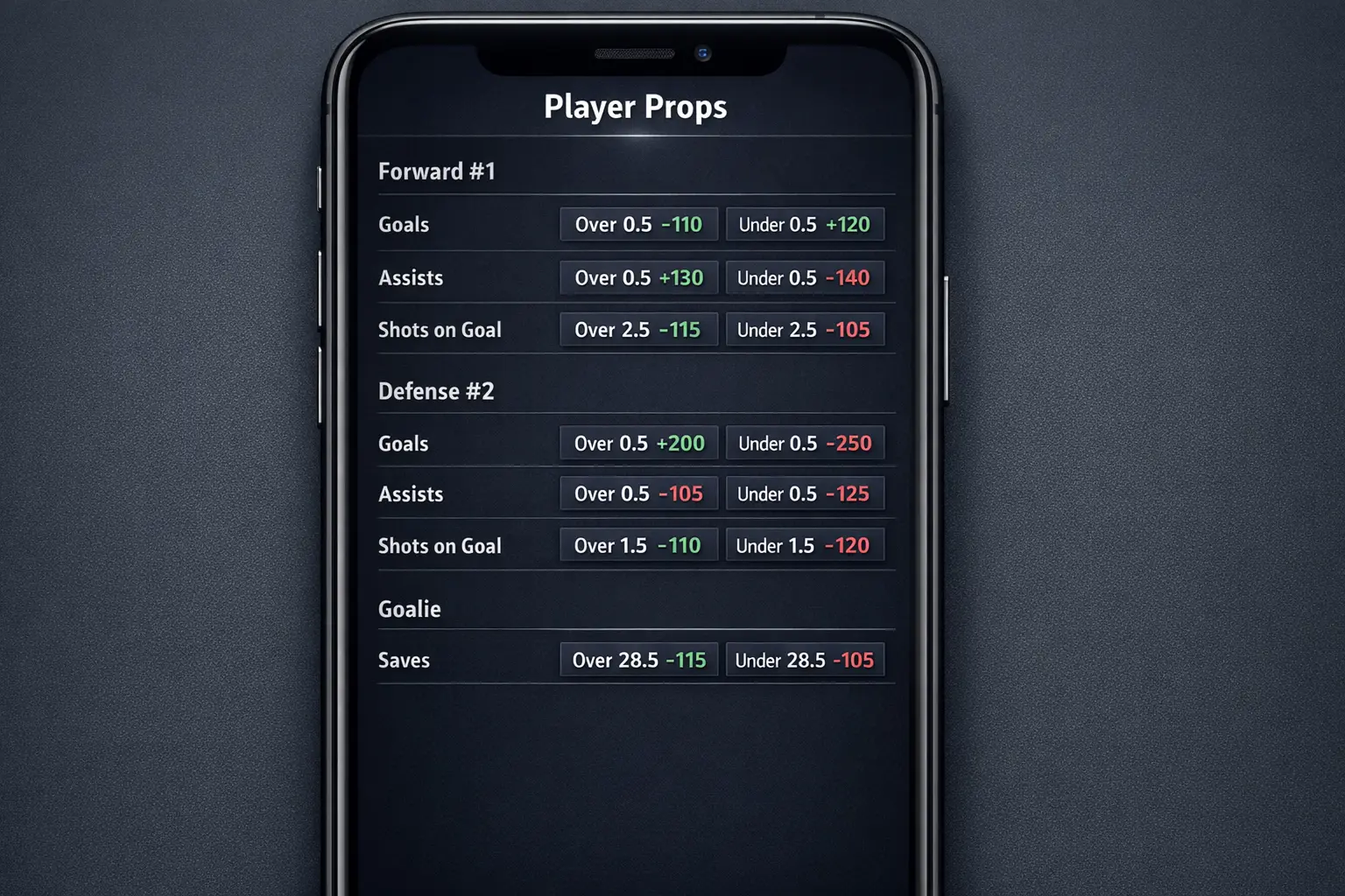 Sportsbook prop betting menu showing player statistics options