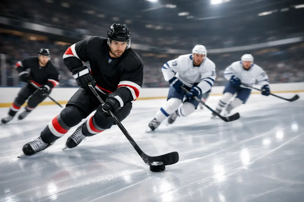 NHL hockey game action with players skating at full speed