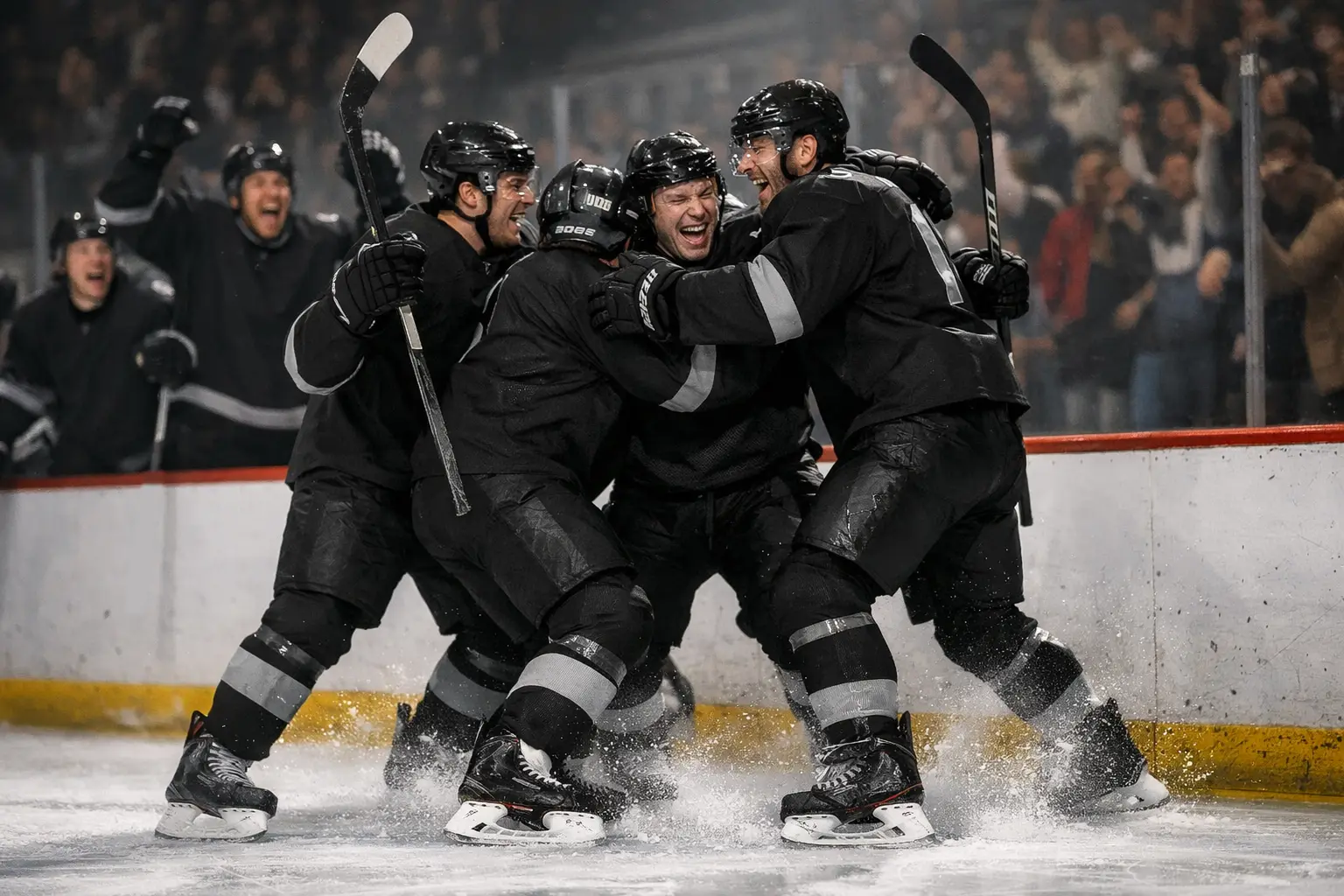 Hockey team celebrating after scoring during momentum shift
