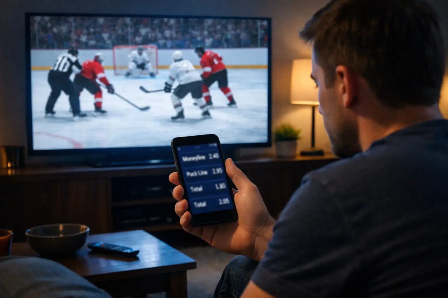 Fan watching hockey game on TV with betting app on phone