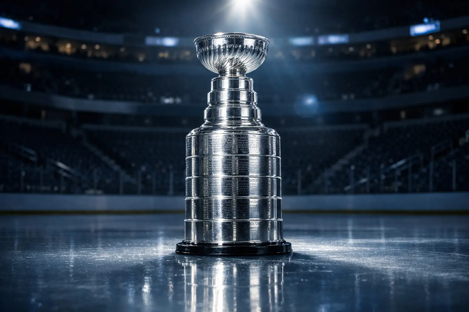 NHL Stanley Cup trophy on ice with arena lights in background